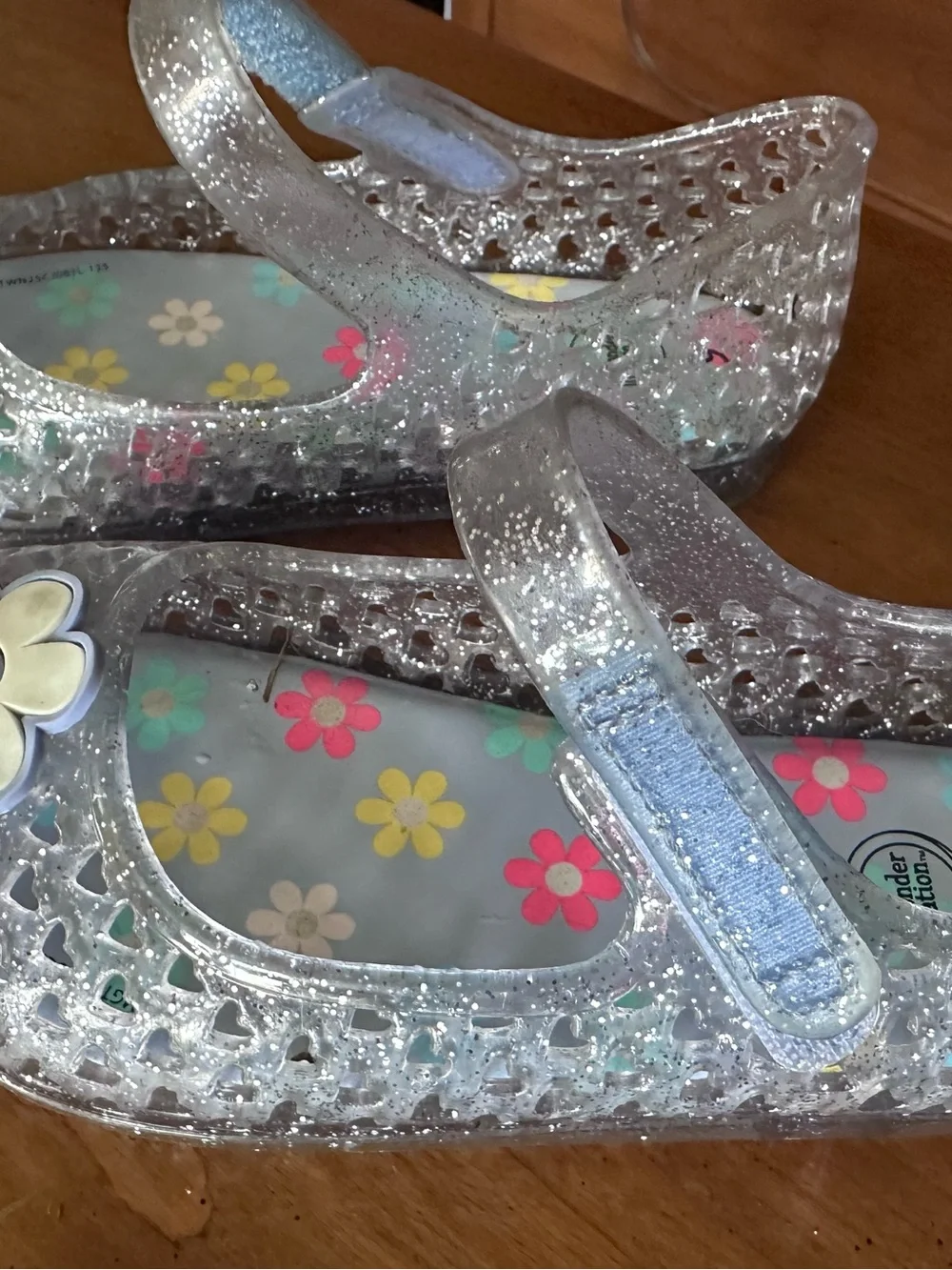 Kids Glitter Jelly Mary Jane Shoes - Blue Clear with Multi-Color Flowers
